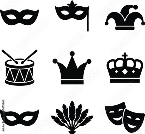 Collection of assorted carnival and royalty themed icons in black silhouette
