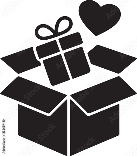 Open box silhouette icon with gift and heart symbol of love and celebration vector illustration 
