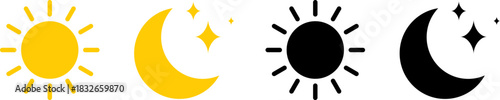 Stylized sun and moon celestial icons in yellow and black