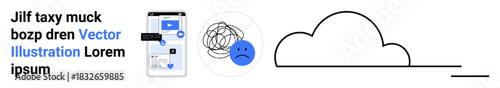 Technology, mental health, communication, cloud storage, help services, online systems. Smartphone with icons, sad face tangled in lines and digital cloud. Technology and mental health connection