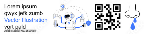 AI development, healthcare, tech innovation, QR code functionality, robotics, medical automation. A robot with tools, a QR code and a dripping nose illustration. AI development and healthcare