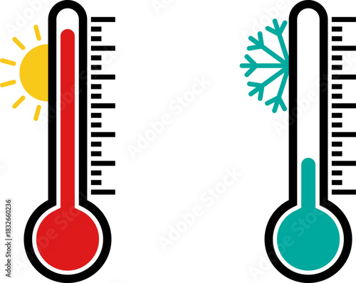 Hot and cold thermometers showing temperature extremes