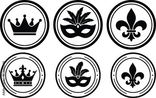 Mardi Gras emblems icons set black and white vector illustration
