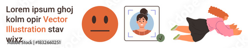 Identity verification, facial recognition, emotional states, security, technology, accident prevention. Focused on a face scan, an emotion symbol and a falling person. Identity and facial