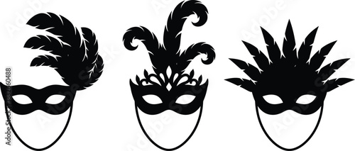 Elegant Black Masquerade Masks with Feathers for Carnival or Party vector