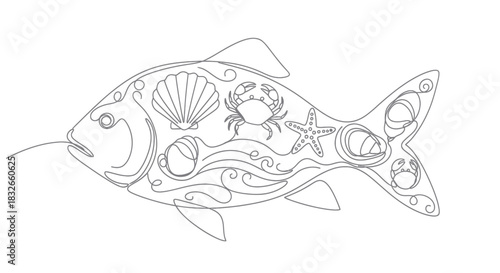 Intricate line art illustration of a marine-themed design featuring seashells, crabs, and starfish