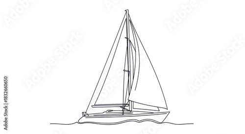 Minimalist Line Drawing of a Sailboat with Detailed Masts and Flowing Water