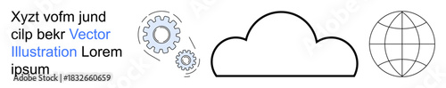 Cloud computing, technology, networking, data storage, global connectivity, automation. Gears, cloud shape and globe icon. Cloud computing and technology concepts visually