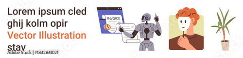 Artificial intelligence, finance, human connection, modern technology, business productivity, nature. AI robot points at an invoice and man examines face. AI and finance productivity ideas