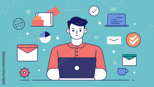 Business owner managing online orders on a laptop, stylized UI elements floating around