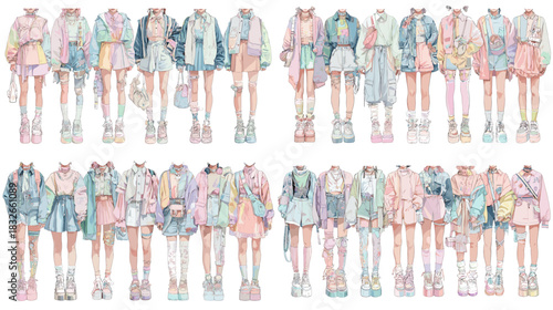 Stylish pastel fashion outfit illustrations showcasing varied modern clothing combinations with soft tones, youthful aesthetics, and trendy character looks.