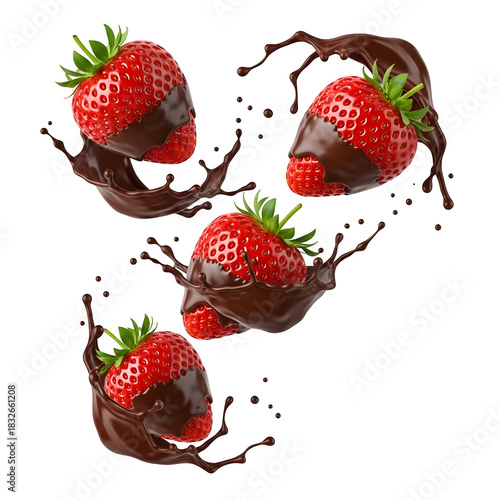 Collection set of falling strawberry with chocolate splash, isolated on white or transparent background, PNG Format.