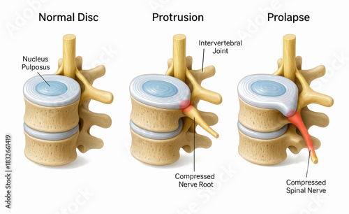 Difference between Bulging Disc and Herniated Disc. Stages of Spinal Disc extrusion. Graphic illustration