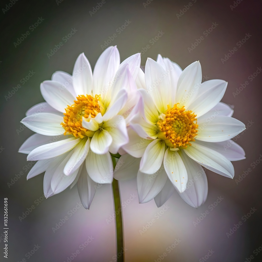 Fototapeta premium Close-up of two white and yellow flowers with multiple petals blooming on a single stem. The background is soft-focused