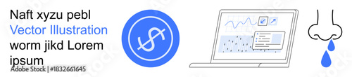 Finance, data analytics, medical health, digital tools, online systems, conceptual illustrations. A dollar sign, laptop with charts and a nasal symptom icon. Finance and data analytics concept