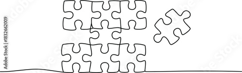 Continuous line drawing of interconnected puzzle pieces forming a structure 60 Vector