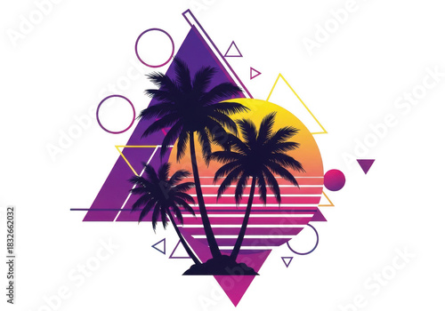 Synthwave sunset with palm trees and geometric shapes isolated on transparent background