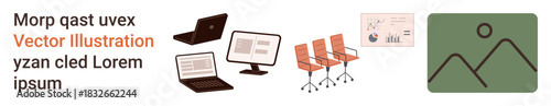 Business planning, office tools, team management, digital marketing, workplace setup, graphic placeholders. Laptops, chairs chart placeholder icon. Business planning and office tools concept