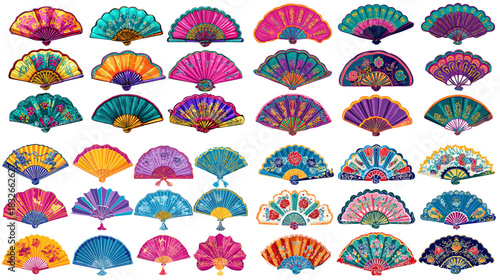 Vibrant hand fan illustrations featuring diverse colorful patterns and decorative motifs inspired by cultural designs, perfect for festival art and creative visual themes.