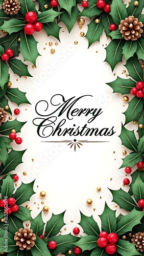 Christmas elegant calligraphy text on white frame with holly leaves red berries pine cones and gold beads festive border