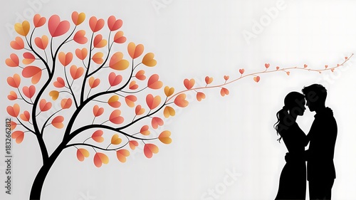 Romantic heart-shaped tree illustration with a couple silhouette embracing in a soft minimal background for Valentine’s Day themes