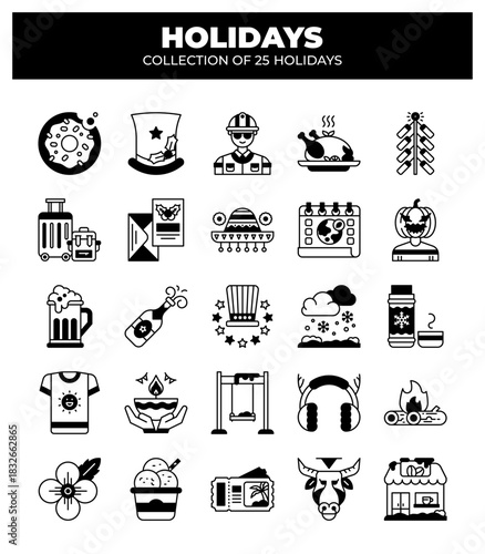 Collection of 25 Holidays. Festive Icons for Vacation and Celebrations