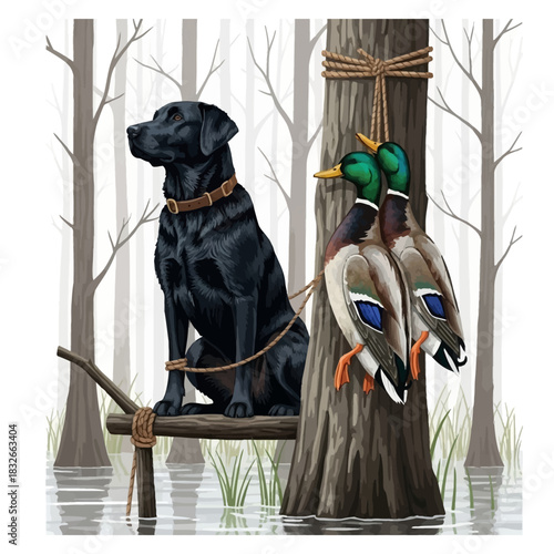 Black labrador retriever duck hunting dog sitting in a swamp next to two harvested mallards