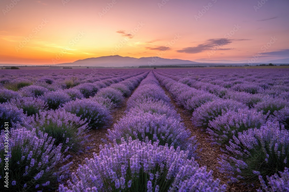 Obraz premium Lavender field at sunset with mountains