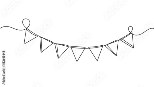 One line art continuous illustration of a festive garland of triangular pennant flags for celebrations and decorations in simple EPS style