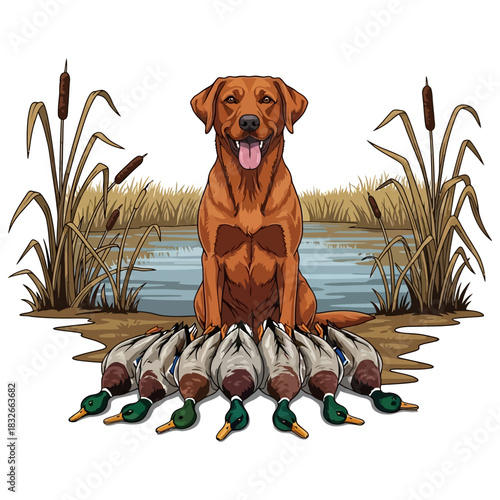 Happy Fox Red Labrador retriever sitting proudly with successful duck hunting haul by a pond.
