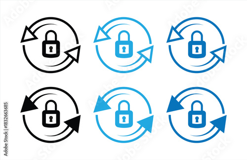 icon set of secure data protection system with constant cycle updates and digital lock icon symbolizing security and integrity, vector illustration