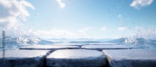 Fototapeta Naklejka Na Ścianę i Meble -  A stone path leads to the ocean with waves crashing against it under a bright blue sky with fluffy white clouds. The scene is bright and airy.
