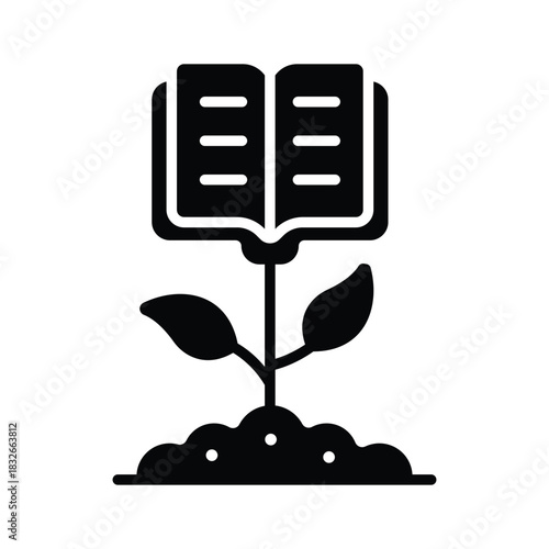 Growing plant emerging from a book symbolizing knowledge growth