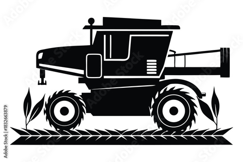 combine harvester black and white silhouette on white background