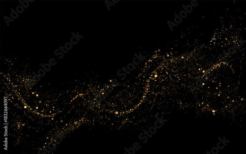 Isolated design component, exquisite golden wave of shiny tinsel on black background.