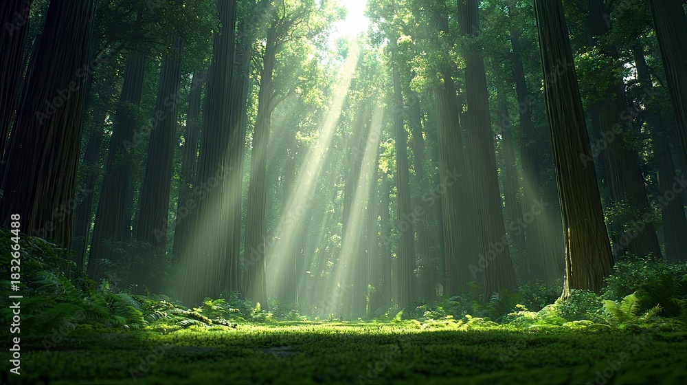 Obraz premium A beautiful forest scene with sunlight streaming through the trees, creating a peaceful and serene atmosphere.