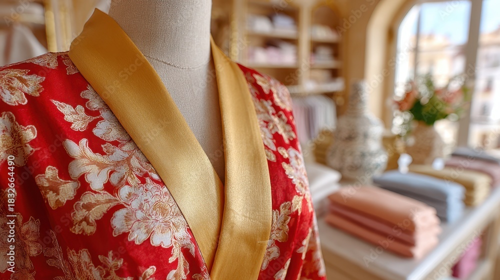 Obraz premium Richly patterned kimono display on mannequin in boutique setting
