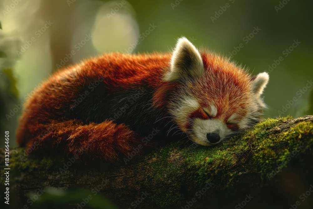 Fototapeta premium Adorable Red Panda Sleeping Peacefully on a Mossy Tree Branch in Soft Forest Light.