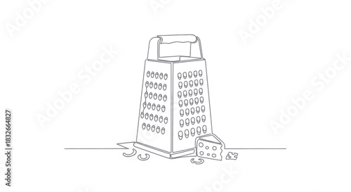 Minimalist line drawing of a classic cheese grater with a small block of cheese and cheese
