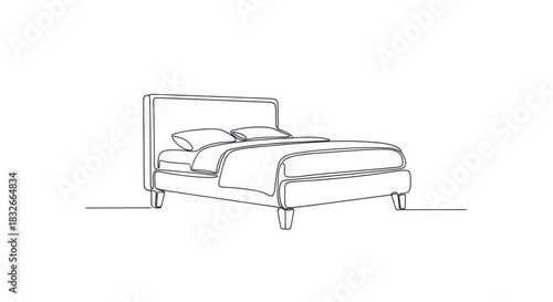 Minimalist Line Drawing of a Modern Bed with Bedding and Headboard in Simple Style