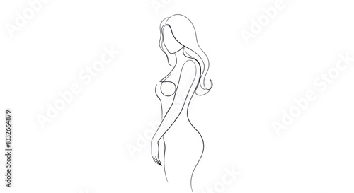 Elegant Line Drawing of a Woman with Flowing Hair Emphasizing Graceful Silhouette