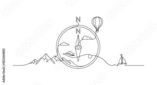Minimalist Line Art of a Nautical Compass with Mountaintops Hot Air Balloon and Sailboat