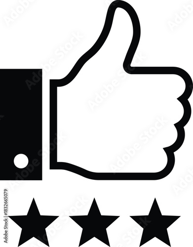 Black thumbs up icon with three black stars below like rating