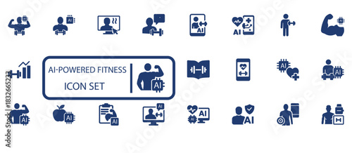 AI Fitness  Health Icon Set. Workout tracking, smart coaching, digital wellness,