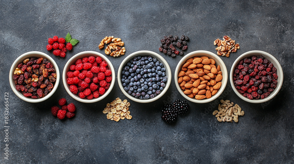 Fototapeta premium Assorted berries, nuts, and dried fruits arranged in bowls, creating a colorful, healthy, and rustic food display perfect for nutrition, cooking, or lifestyle visuals.