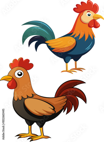 Hen and rooster with chickens in a simple cartoon farm illustration