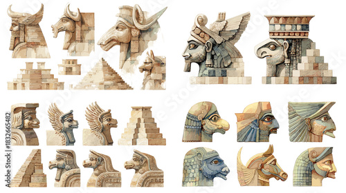 Detailed ancient stone relief illustrations of mythical heads and cultural figures inspired by archaeological art, ideal for history themes and creative design elements.
