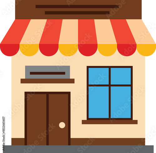 Flat illustration of a small shop with a striped awning and a window store building