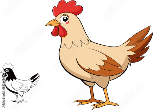 Hen and rooster with chickens on a farm in a simple cartoon vector style