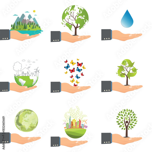 An ecological concept aimed at saving the planet. Collection. An eco friendly world in the palm of your hand. World Environment Day.